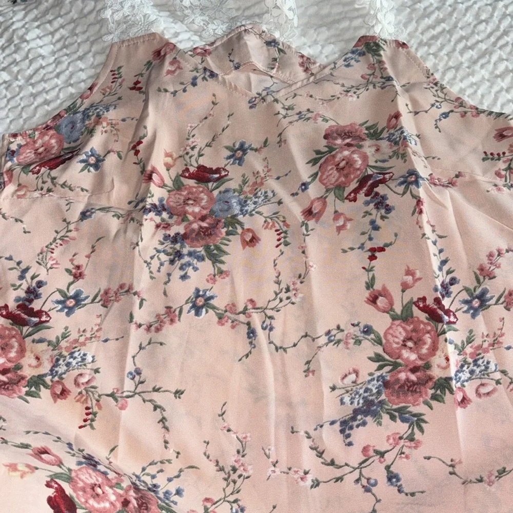 Pink Pastel Floral Print tank top Lace Shoulder Straps Summer Blouse Large - Picture 6 of 10